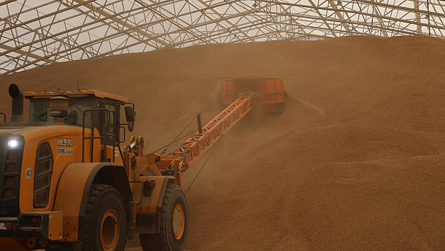Radlader bei der Arbeit in einer Schüttgut-Lagerhalle der HHLA.